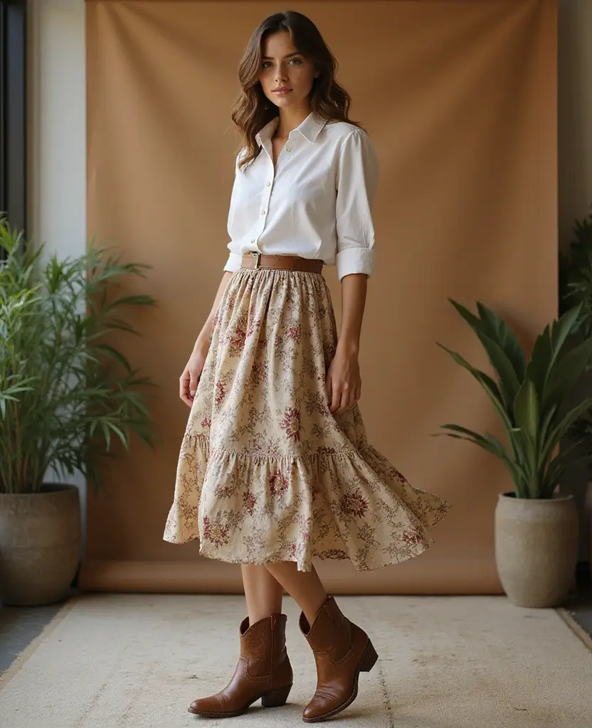 23 Sustainable Interview Outfit Ideas Featuring Eco-Friendly Boots for Fall and Winter - 9. Sustainable Western Boots with a Midi Skirt