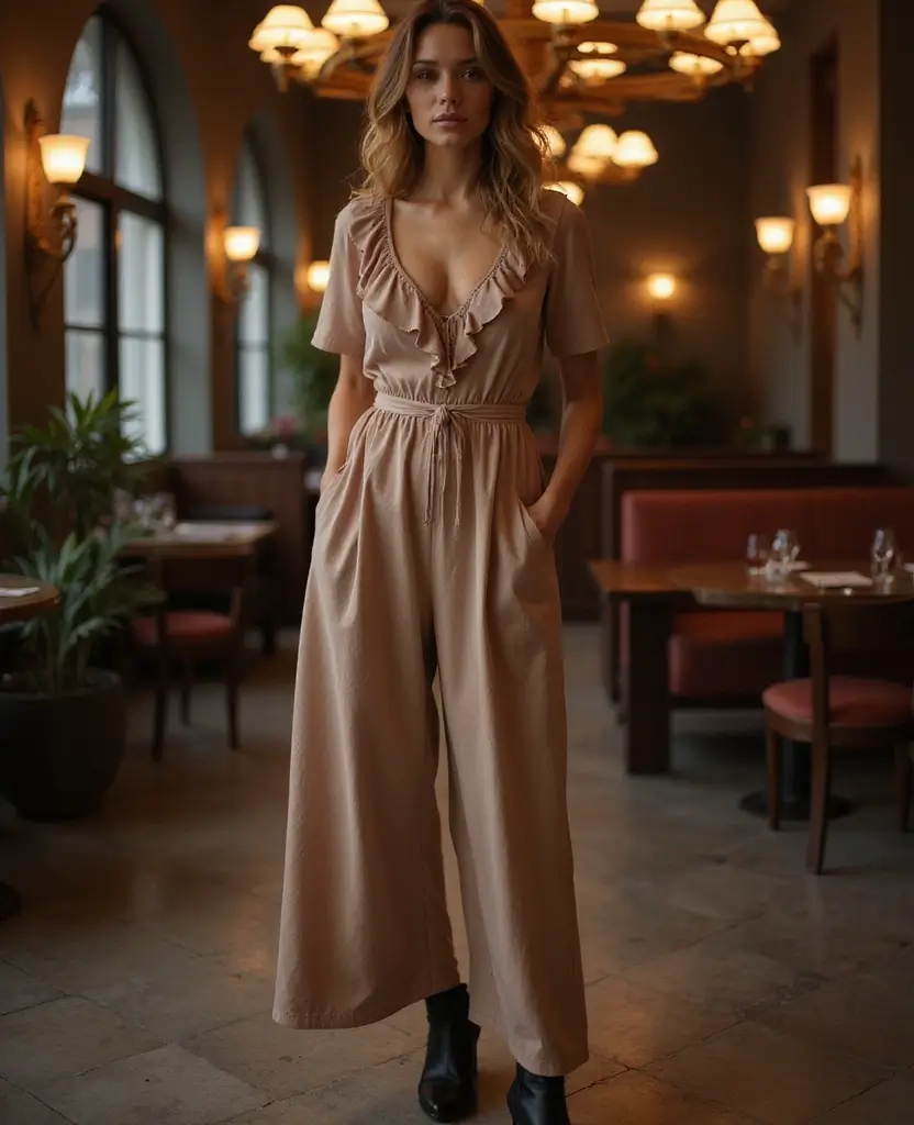 23 Ways to Rock a Dress with Jeans for Effortless Style - 15. Ruffle Dress with Wide-Leg Pants