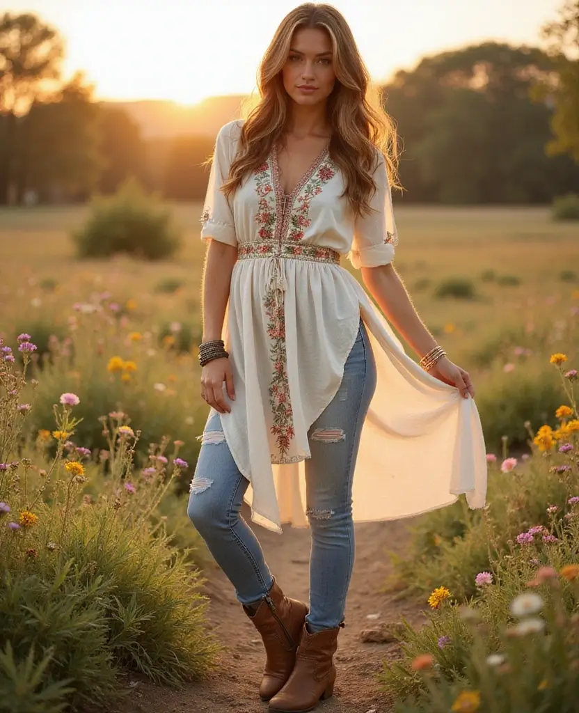 23 Ways to Rock a Dress with Jeans for Effortless Style - 16. Bohemian Dress with Fitted Jeans