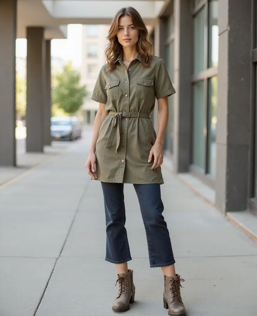 23 Ways to Rock a Dress with Jeans for Effortless Style - 17. Utility Dress with Slim Jeans