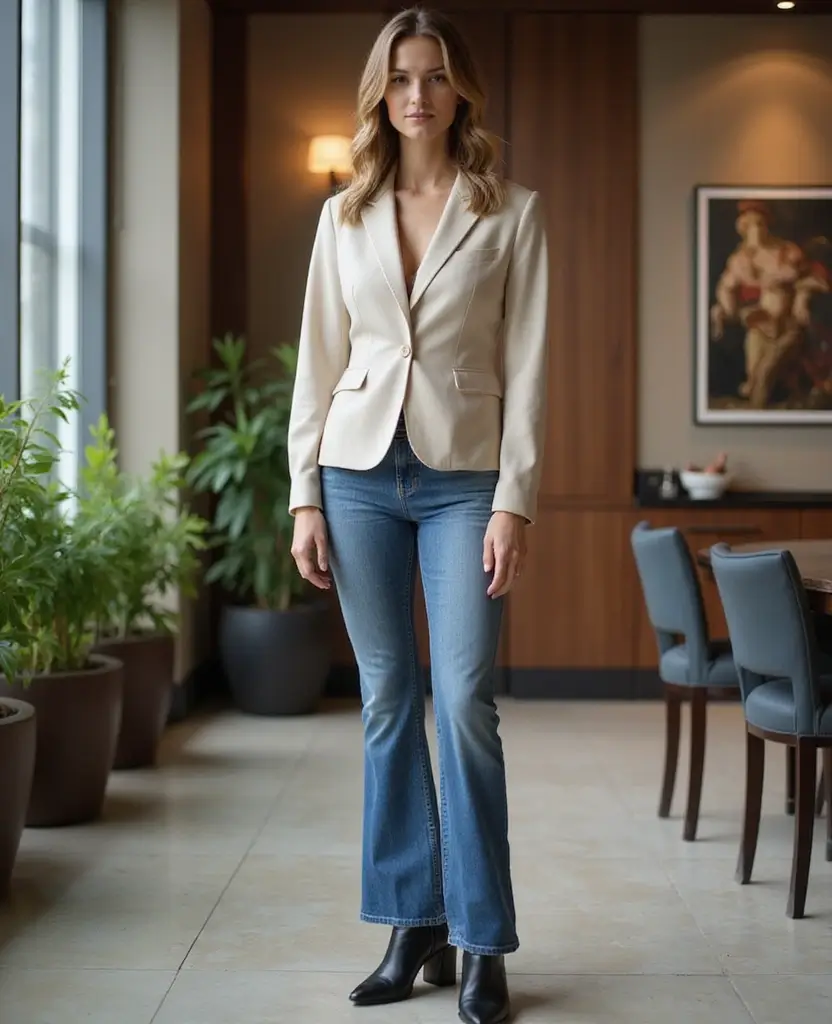 23 Ways to Rock a Dress with Jeans for Effortless Style - 19. Sheath Dress with Flared Jeans