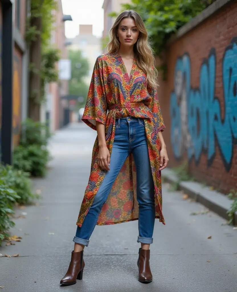 23 Ways to Rock a Dress with Jeans for Effortless Style - 20. Kimono Dress with Tapered Jeans