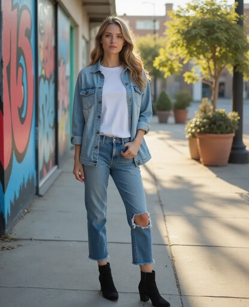 23 Ways to Rock a Dress with Jeans for Effortless Style - 4. T-Shirt Dress and Denim Jacket