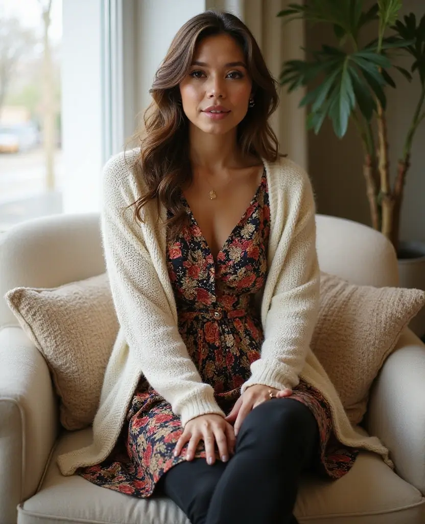 23 Ways to Rock a Dress with Jeans for Effortless Style - 7. Printed Dress with Chunky Knit
