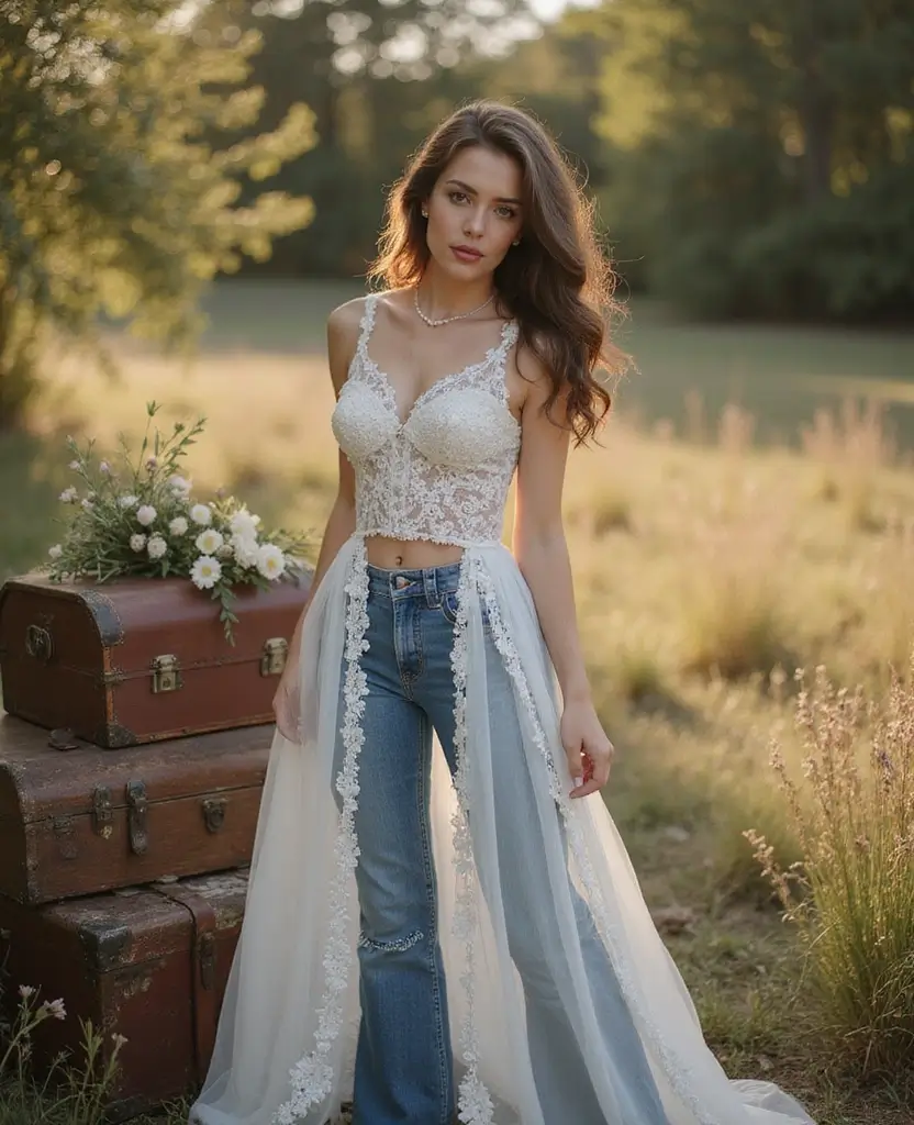 23 Ways to Rock the Dress Over Pants Trend - 4. Vintage Gown with Flared Jeans