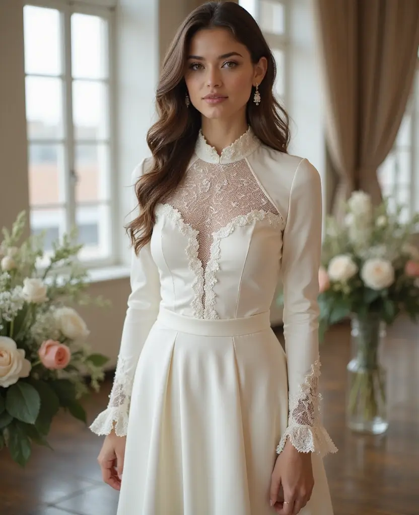 23 Wedding Dresses with Sleeves for Every Season - 12. Stylish High Neck Long Sleeve Dress