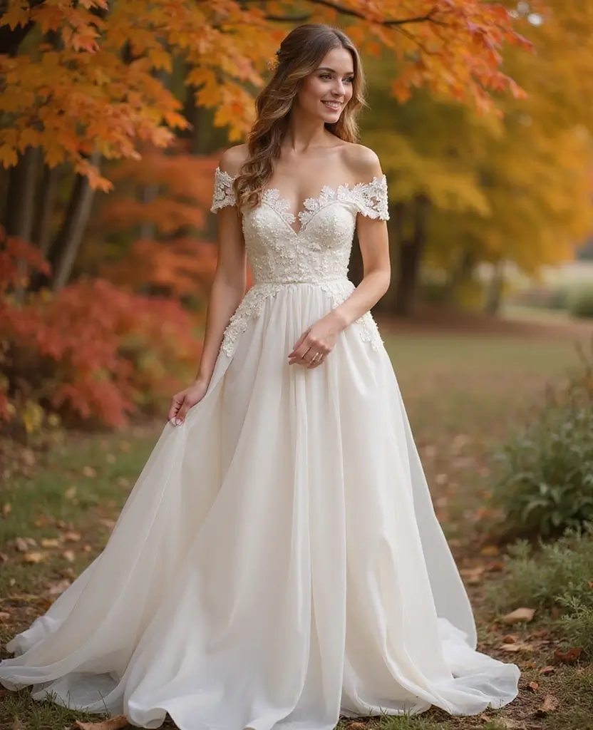 23 Wedding Dresses with Sleeves for Every Season - 3. Romantic Off-Shoulder Sleeve Dress