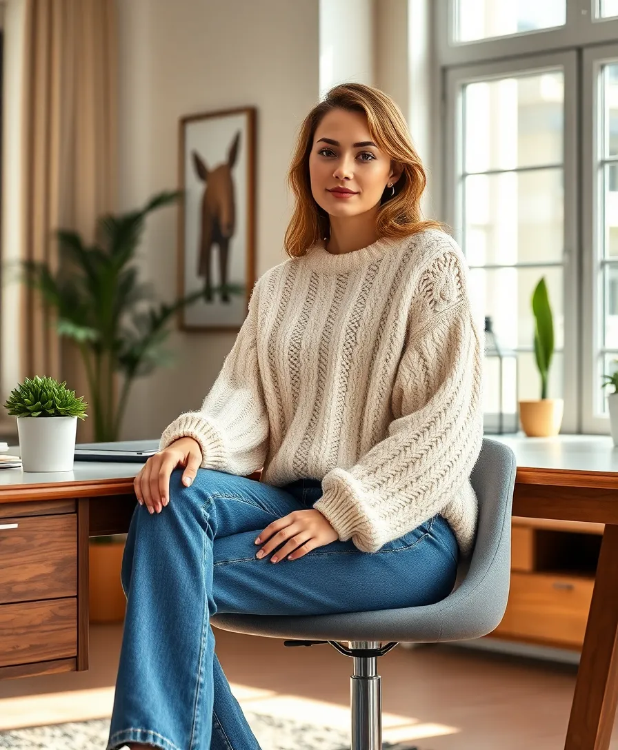 23 Work Outfit Ideas for Every Office Dress Code - 13. Chunky Knit Sweater with Straight Leg Jeans