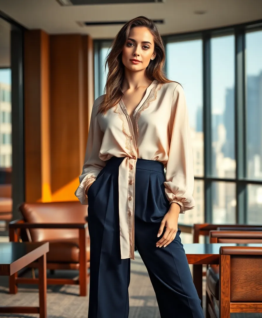23 Work Outfit Ideas for Every Office Dress Code - 15. Elegant Blouse with Wide-Leg Trousers