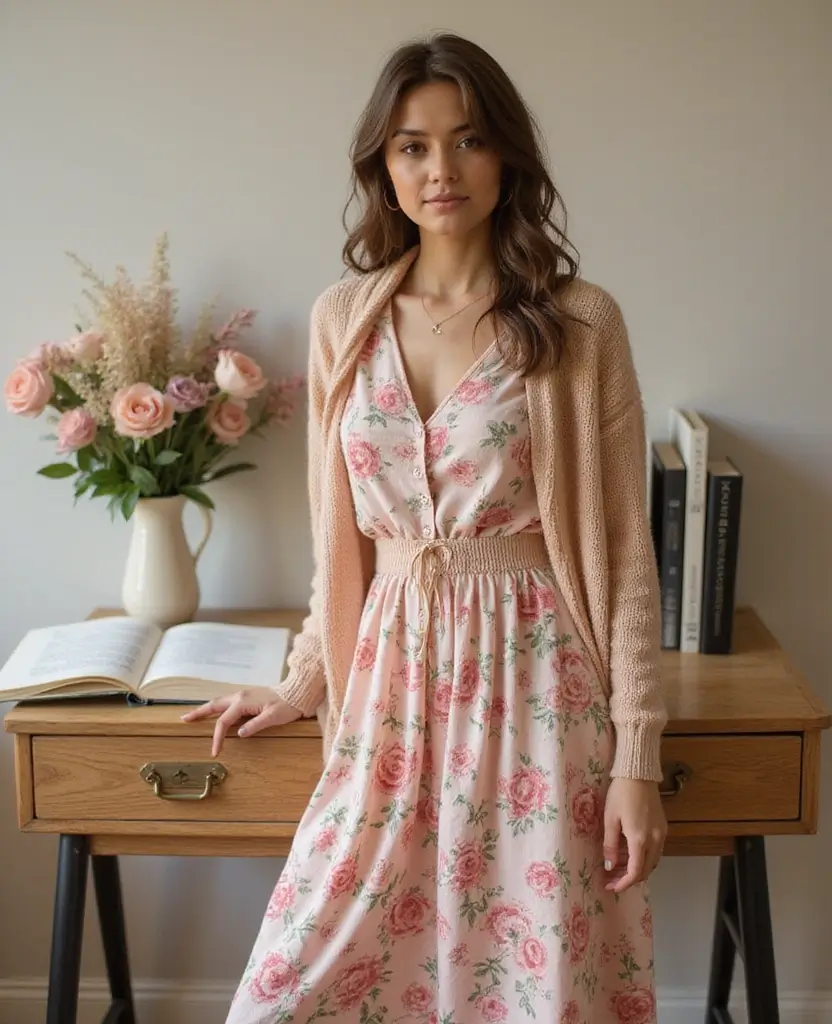 23 Work Outfit Ideas for Every Office Dress Code - 2. Floral Midi Dress with Cardigan