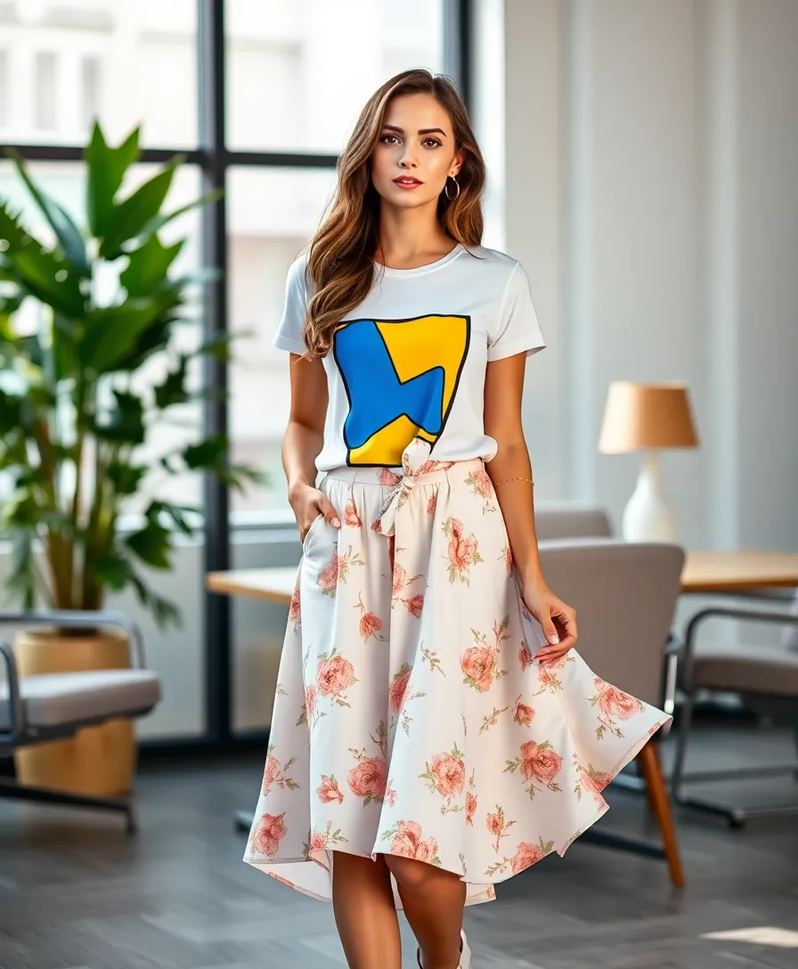 23 Work Outfit Ideas for Every Office Dress Code - 20. Fun Graphic Tee with a Midi Skirt