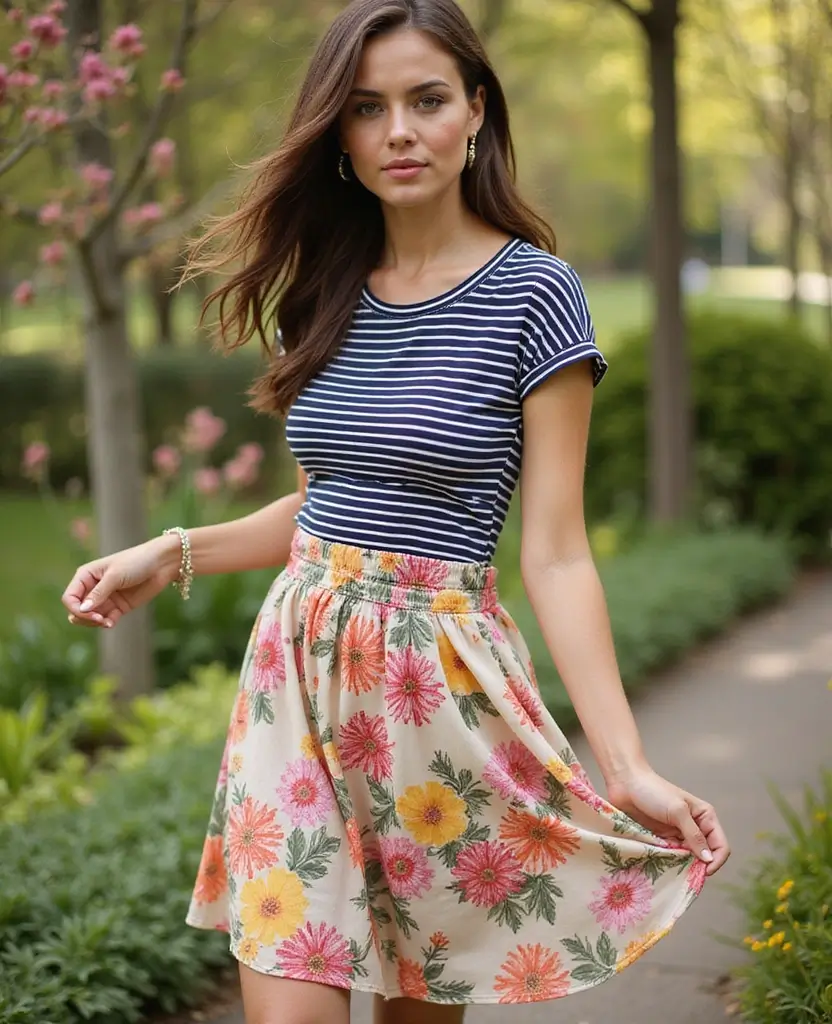 24 Chic Ways to Style Skirts: Outfit Ideas for Every Season - 8. Combining Prints: Stripes and Florals