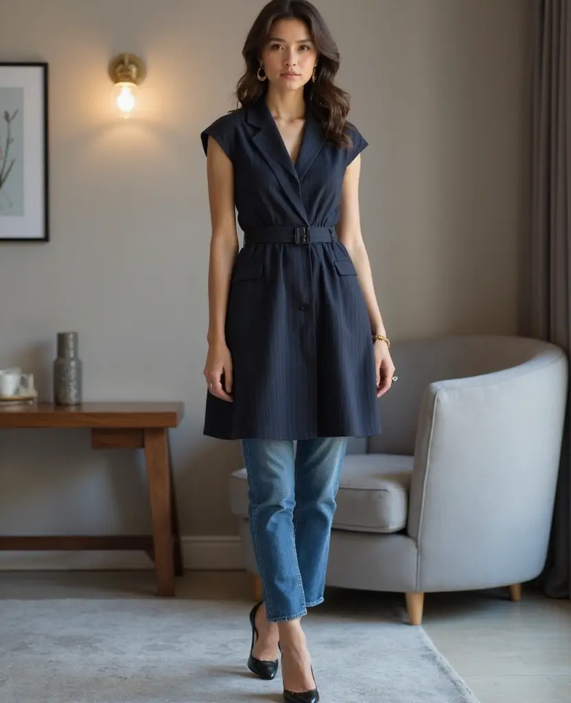 24 Stylish Ways to Wear a Dress Over Jeans - 10. Casual Business Chic