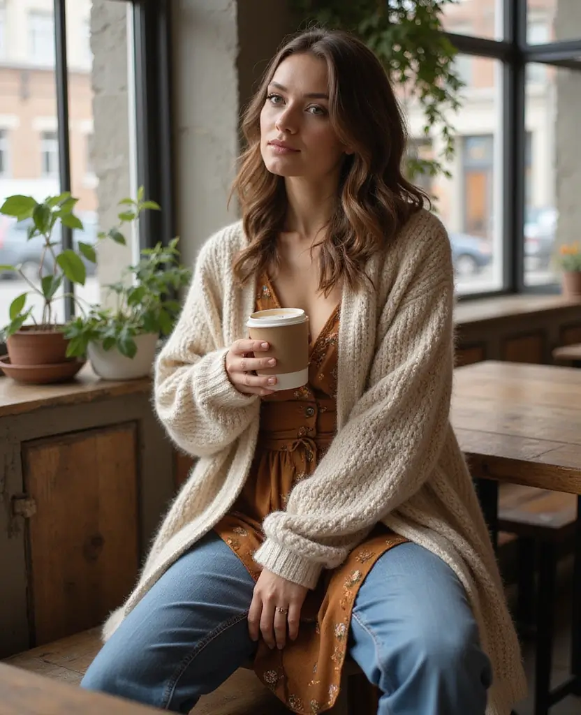 24 Stylish Ways to Wear a Dress Over Jeans - 12. Dress Up with Cardigans