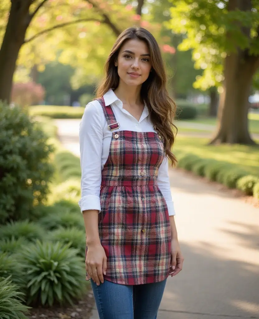 24 Stylish Ways to Wear a Dress Over Jeans - 13. Pinafore Dress Style
