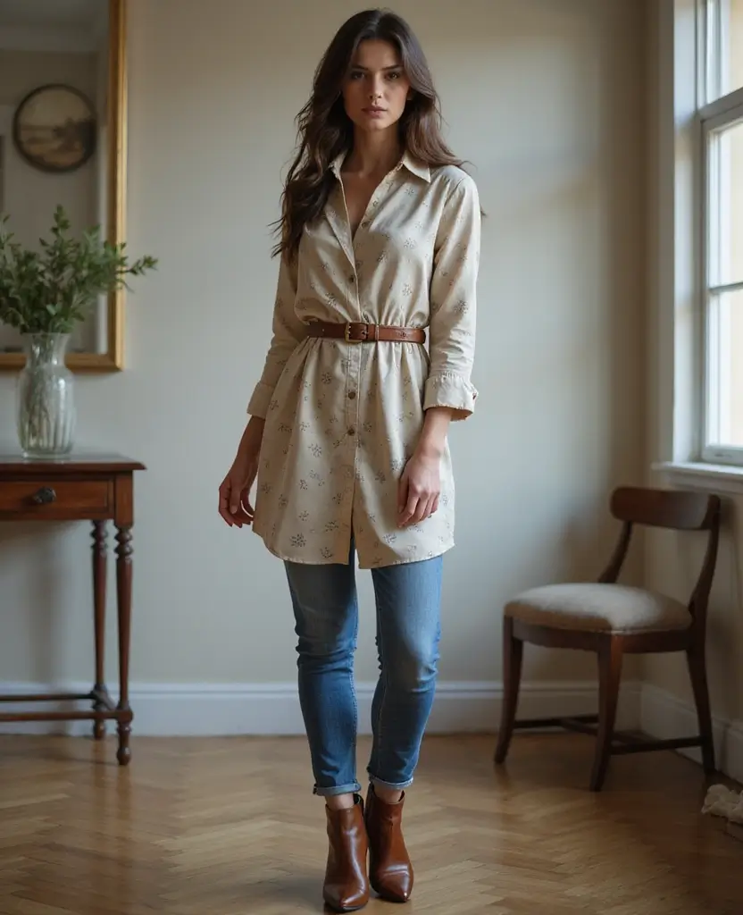 24 Stylish Ways to Wear a Dress Over Jeans - 17. The Shift Dress Classic