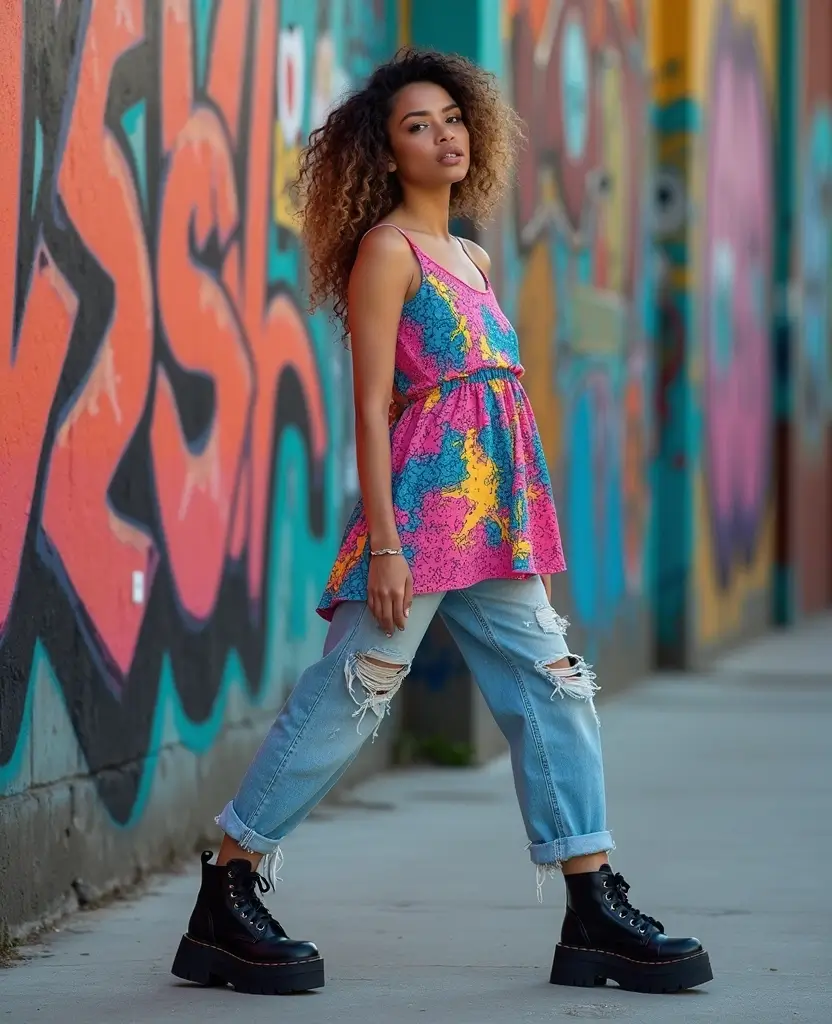 24 Stylish Ways to Wear a Dress Over Jeans - 5. Graphic Dress for Fun