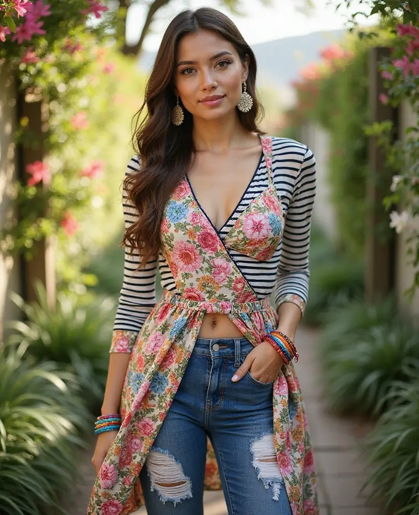 24 Stylish Ways to Wear a Dress Over Jeans - 9. Layered Prints