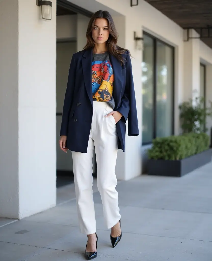 25 Basic Outfit Ideas That Are Anything But Boring - 1. Chic Blazer with Statement Tee