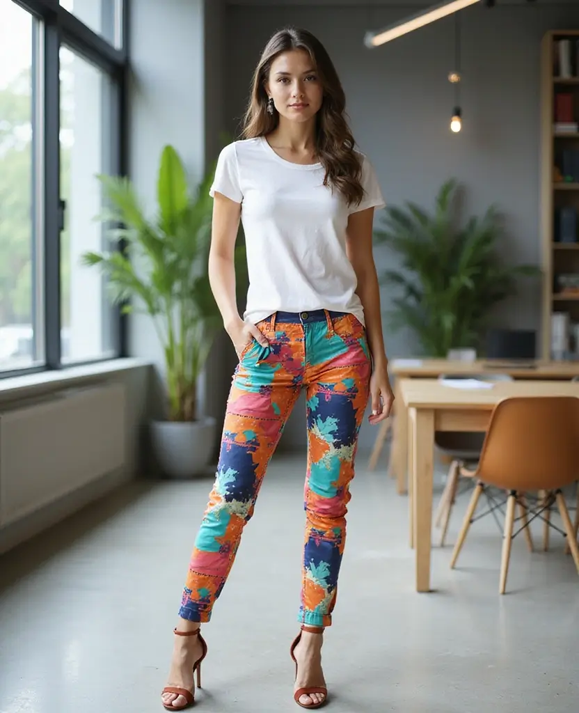 25 Basic Outfit Ideas That Are Anything But Boring - 21. Playful Printed Pants with a Solid Top
