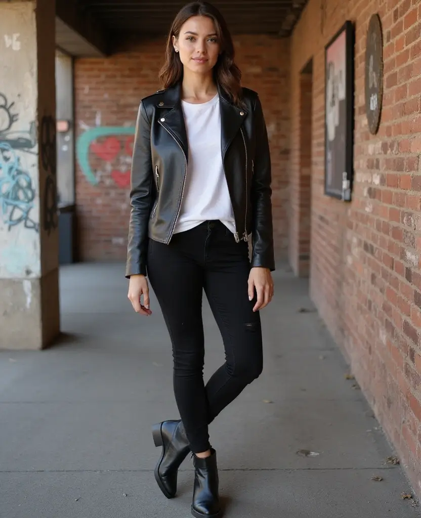 25 Black Jeans Outfit Ideas for Edgy Looks at Church - 1. Leather Jacket & White Tee