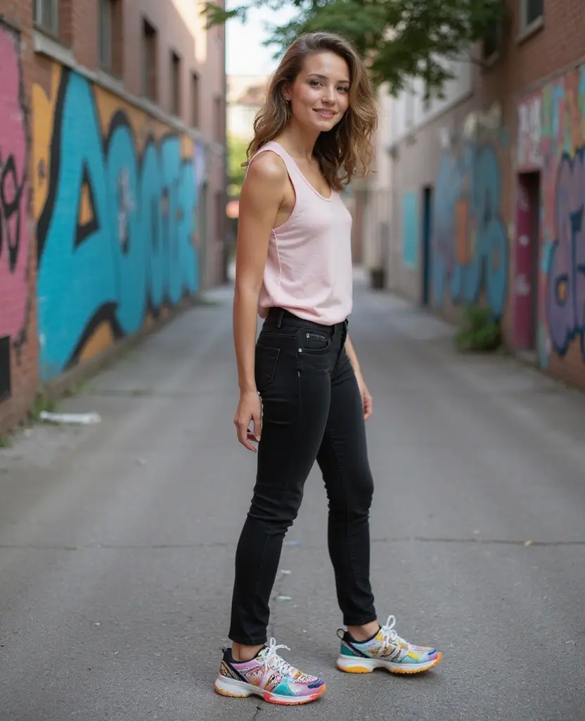 25 Black Jeans Outfit Ideas for Edgy Looks at Church - 11. Minimalist Top & Funky Sneakers