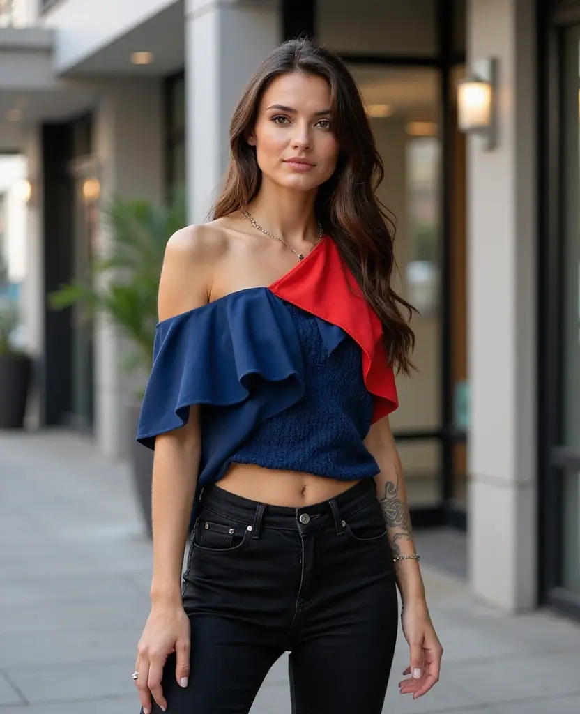 25 Black Jeans Outfit Ideas for Edgy Looks at Church - 12. Asymmetrical Top & Chunky Heels