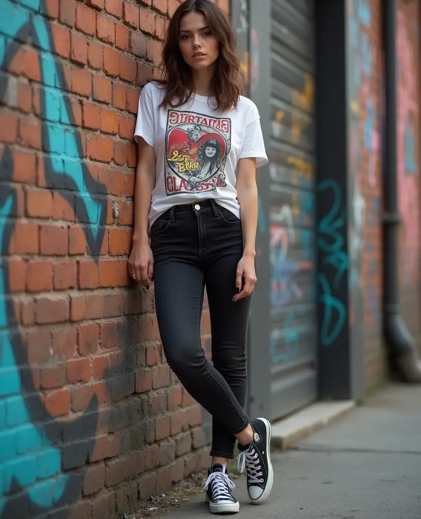 25 Black Jeans Outfit Ideas for Edgy Looks at Church - 15. Vintage Band Tee & High-Top Sneakers