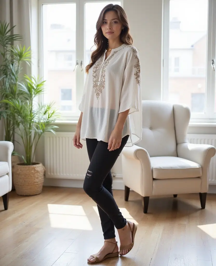 25 Black Jeans Outfit Ideas for Edgy Looks at Church - 16. Classy Tunic & Wedge Sandals