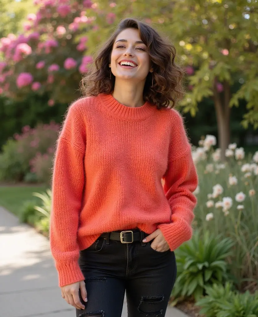 25 Black Jeans Outfit Ideas for Edgy Looks at Church - 17. Bright Knit & Statement Pants
