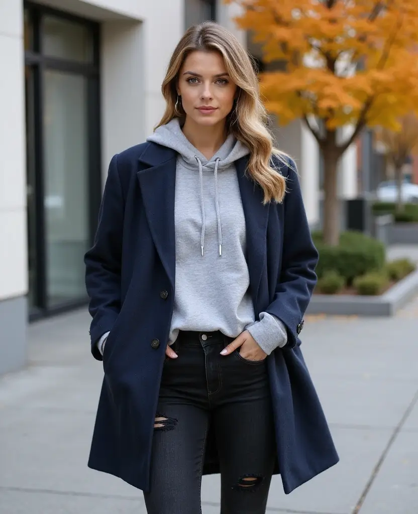 25 Black Jeans Outfit Ideas for Edgy Looks at Church - 6. Hoodie & Long Coat