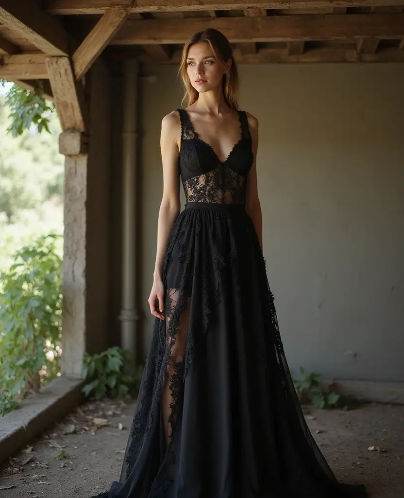 25 Black Wedding Dresses for Bold Brides - 10. Vintage Lace Overlay Gown