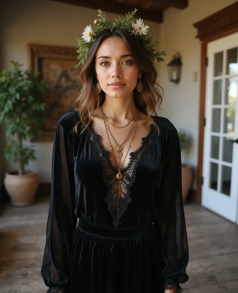 25 Black Wedding Dresses for Bold Brides - 12. Bohemian Velvet Vibes