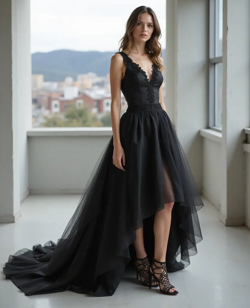 25 Black Wedding Dresses for Bold Brides - 17. Asymmetrical Hem Design