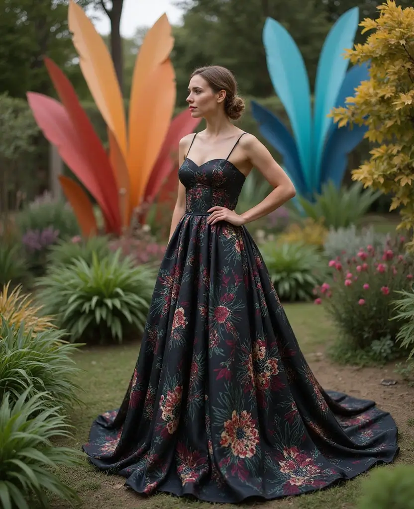 25 Black Wedding Dresses for Bold Brides - 20. Artistic Print Black Gown