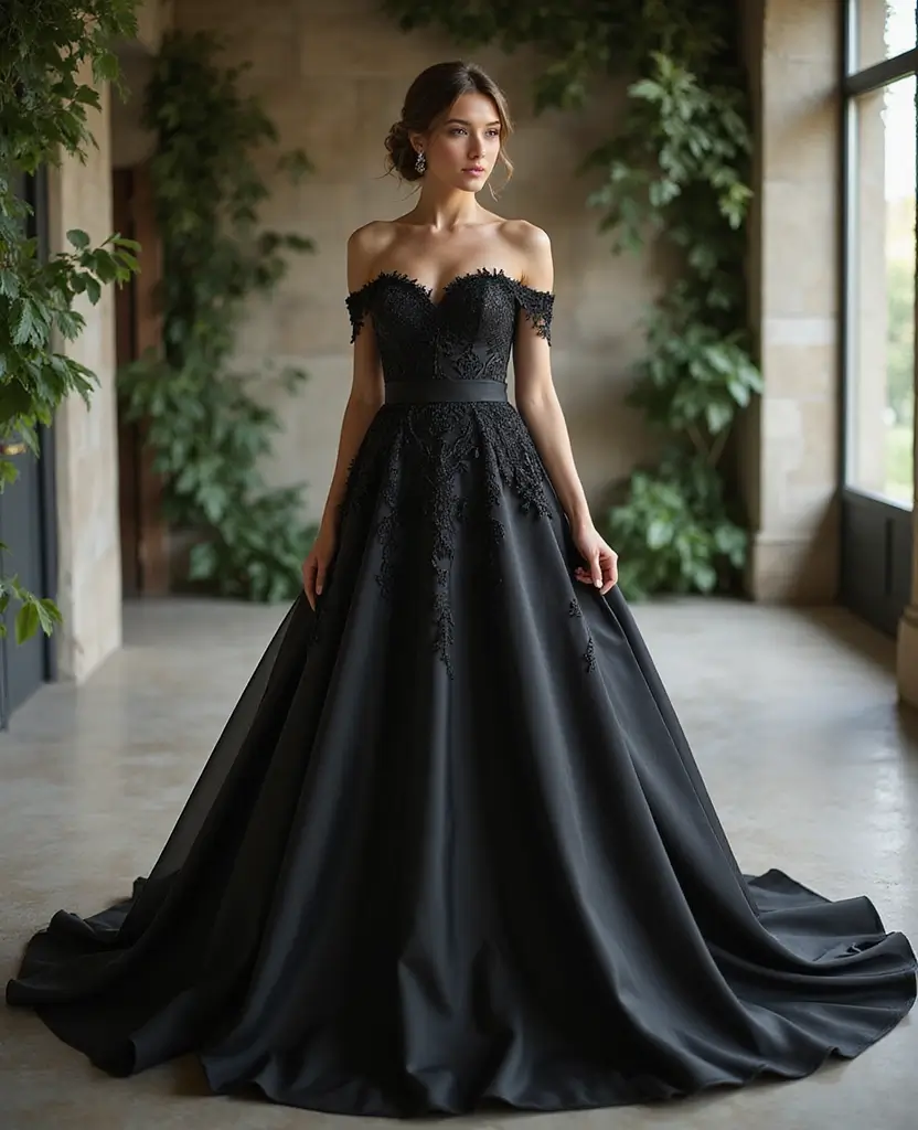 25 Black Wedding Dresses for Bold Brides - 4. Off-Shoulder Elegance