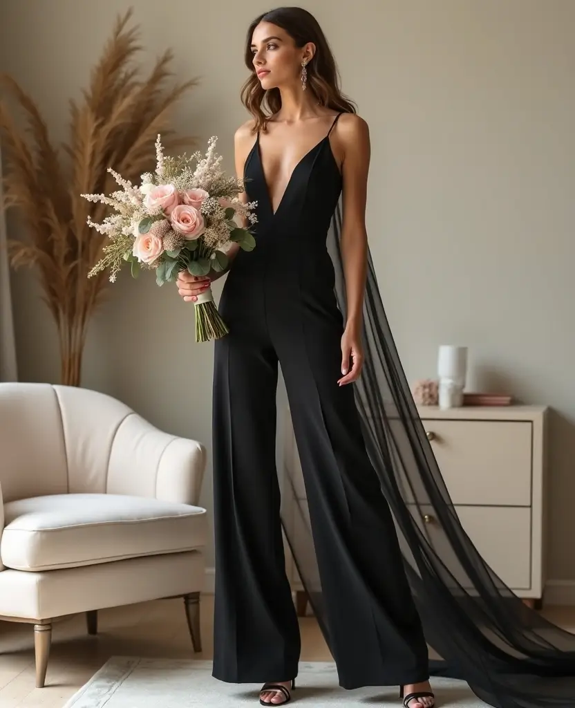 25 Black Wedding Dresses for Bold Brides - 6. Structured Black Jumpsuit