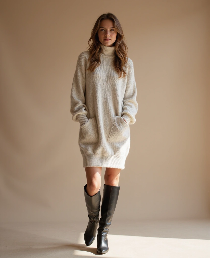 25 Comfy Outfit Ideas You’ll Never Want to Take Off - 1. Sweater Dress & Knee-High Boots