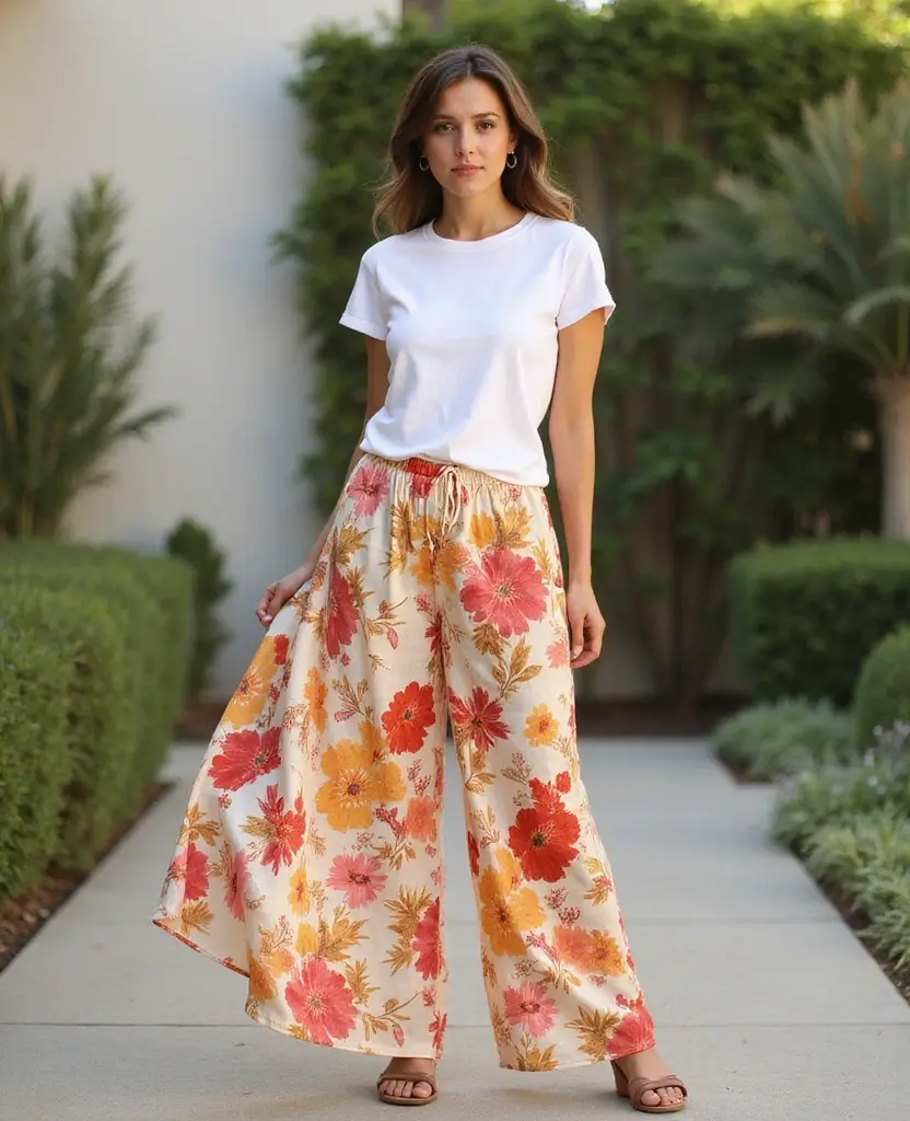 25 Comfy Outfit Ideas You’ll Never Want to Take Off - 11. Printed Palazzo Pants & Basic Tee