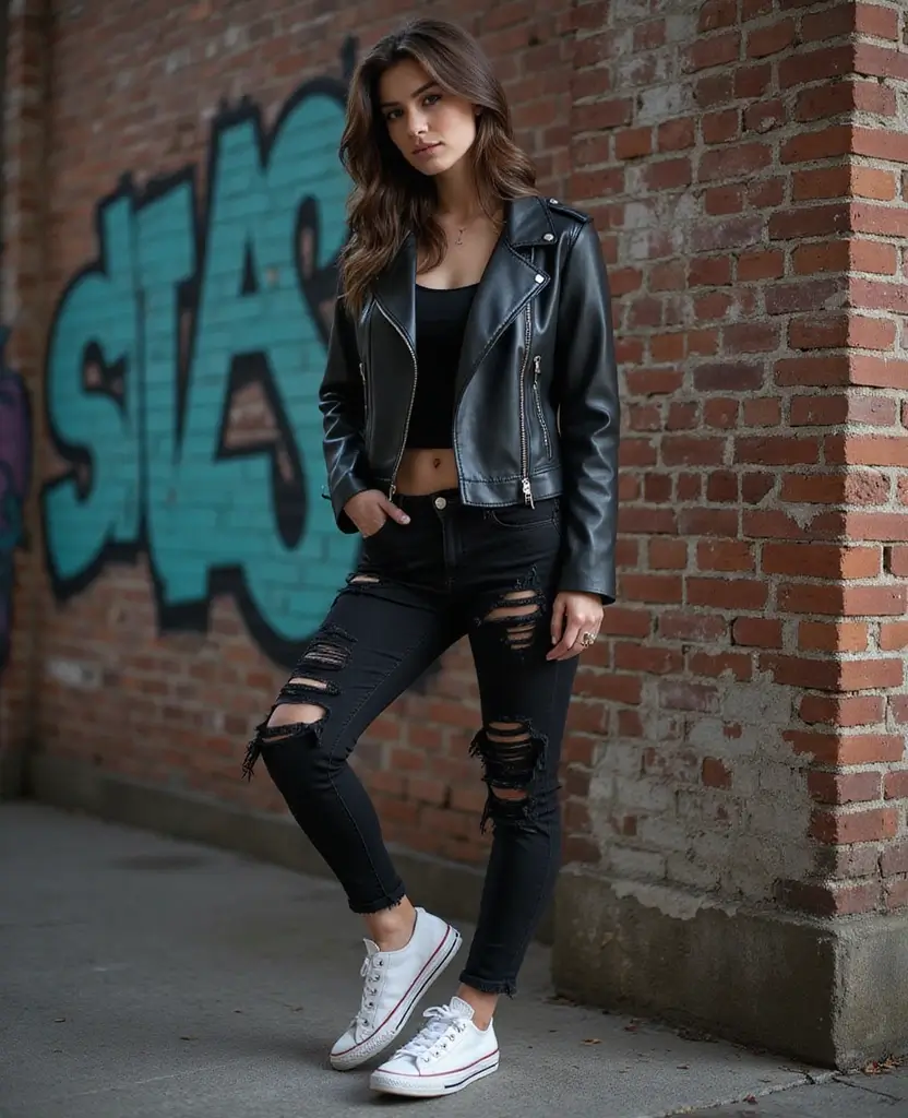 25 Converse Outfit Ideas for Every Personality - 9. Edgy Leather and Converse
