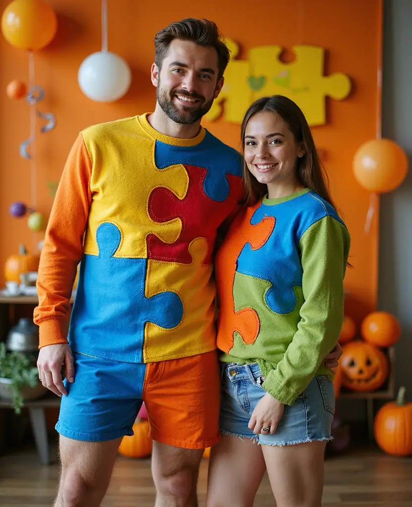 25 Couples Halloween Costume Ideas That Will Win Every Party - 14. Jigsaw Puzzle Pieces