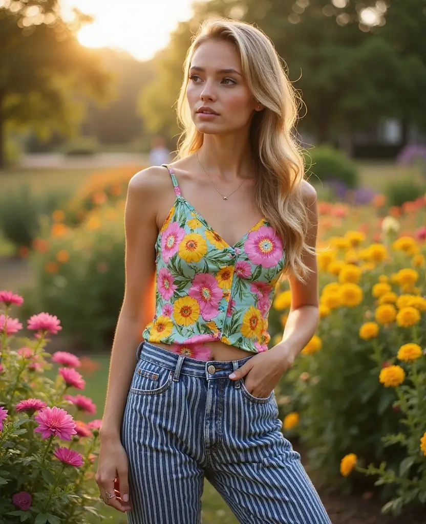 25 Creative Dress Poses for Stunning Photos: Layered Fashion Combinations - 11. Mix Floral with Stripes