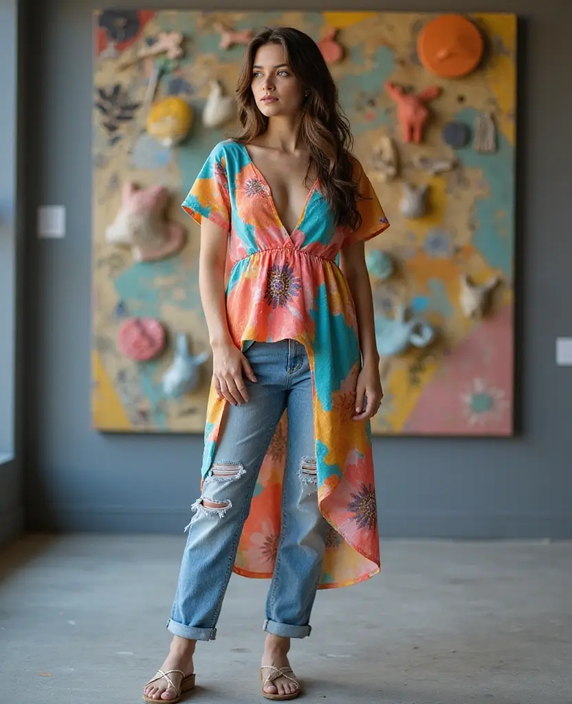 25 Creative Dress Poses for Stunning Photos: Layered Fashion Combinations - 19. Artsy Look with a Painterly Dress