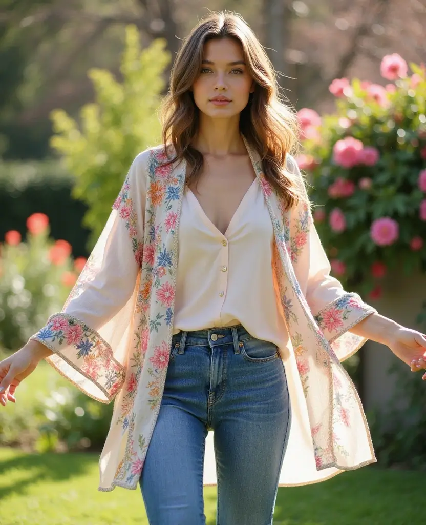 25 Creative Dress Poses for Stunning Photos: Layered Fashion Combinations - 22. Layer a Kimono for Flow