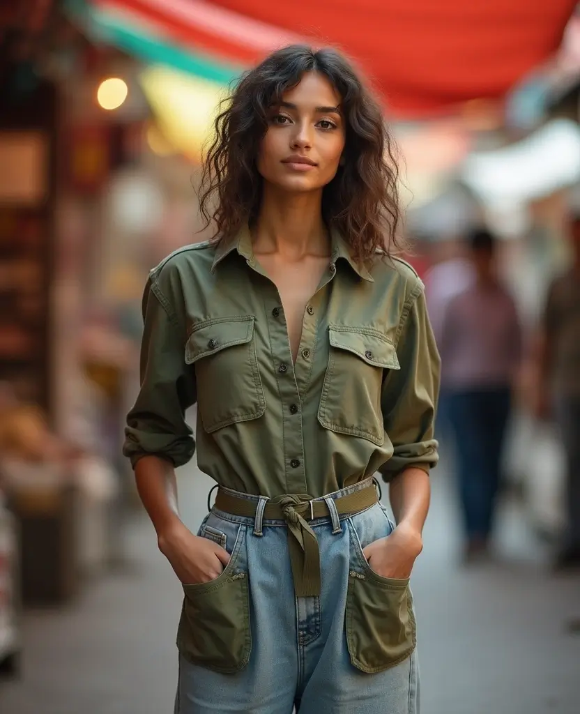 25 Creative Dress Poses for Stunning Photos: Layered Fashion Combinations - 23. Fun with a Utility Dress