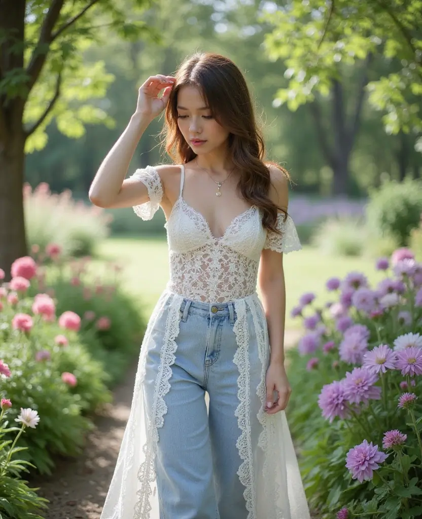 25 Creative Dress Poses for Stunning Photos: Layered Fashion Combinations - 7. Romantic Vibes with a Lace Dress