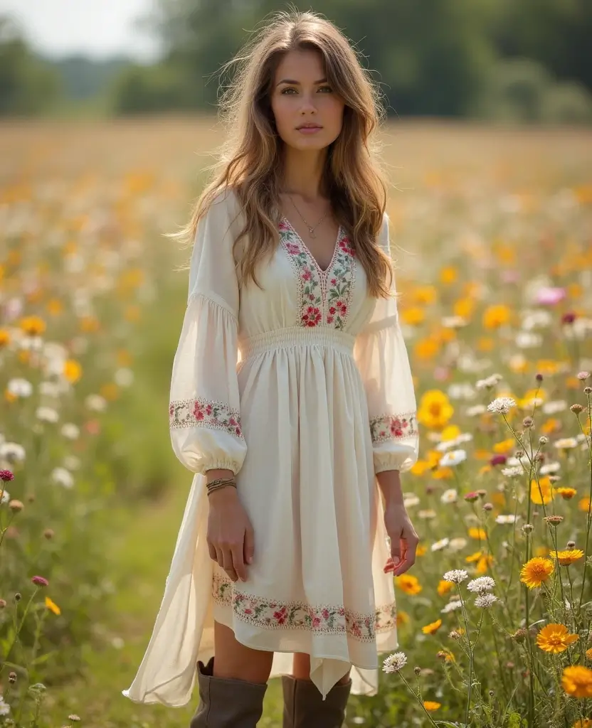 25 Dress Design Sketches to Inspire Your Next Look - 17. Peasant Dress with Slouchy Boots