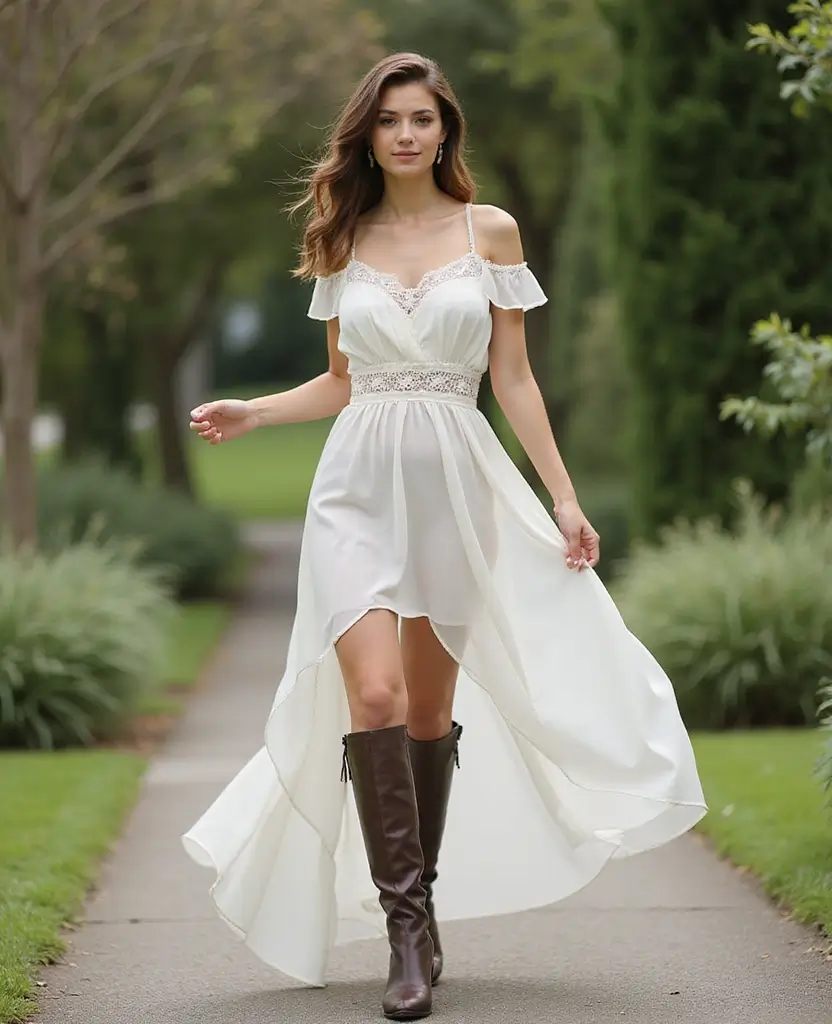 25 Dress Design Sketches to Inspire Your Next Look - 2. Off-the-Shoulder Dress with Knee-High Boots