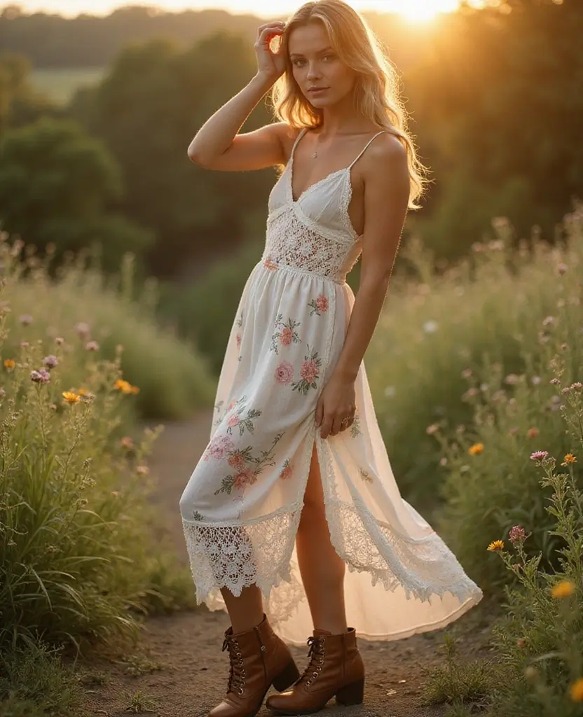 25 Dress Design Sketches to Inspire Your Next Look - 7. Boho Slip Dress with Platform Boots