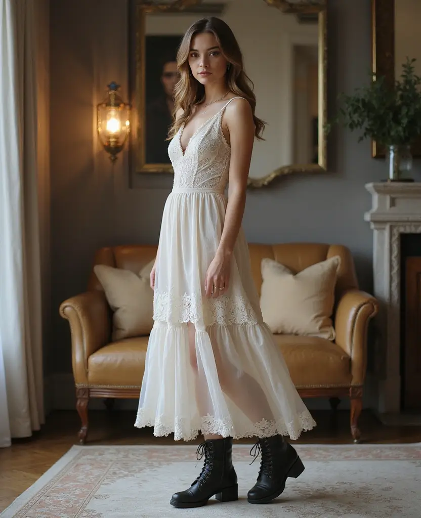 25 Dress Design Sketches to Inspire Your Next Look - 9. Tea-Length Dress with Lace-Up Boots